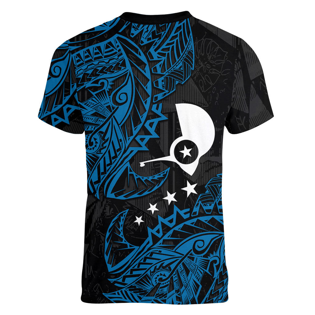 Yap Island Tribal Heritage Women V-Neck T-Shirt Micronesian Polynesian Tattoo Pattern Blue Black Cultural Art