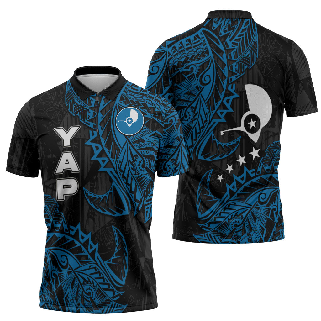 Yap Island Tribal Heritage Zipper Polo Shirt Micronesian Polynesian Tattoo Pattern Blue Black Cultural Art
