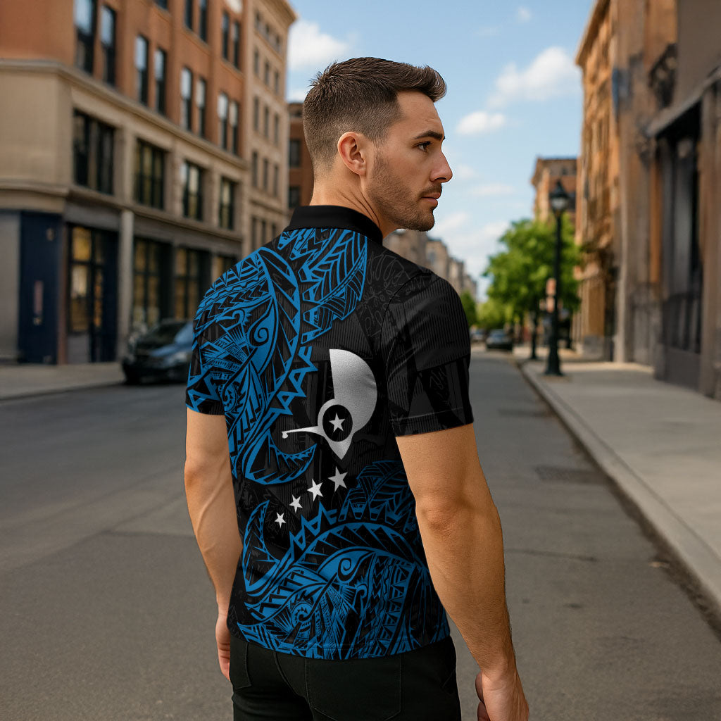 Yap Island Tribal Heritage Zipper Polo Shirt Micronesian Polynesian Tattoo Pattern Blue Black Cultural Art