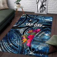 Yap Day Island Floral Tribal Heritage Area Rug Micronesian Hibiscus Pattern Polynesian Tattoo Blue Art