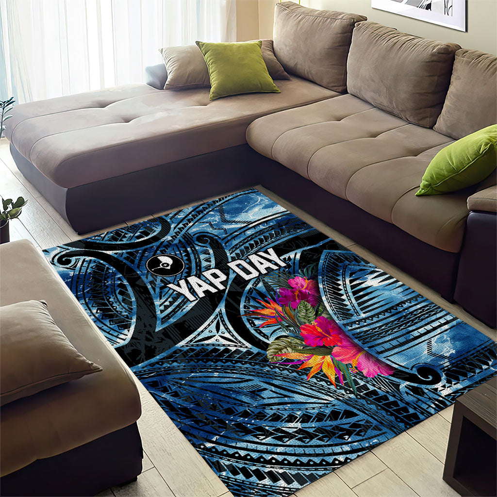 Yap Day Island Floral Tribal Heritage Area Rug Micronesian Hibiscus Pattern Polynesian Tattoo Blue Art