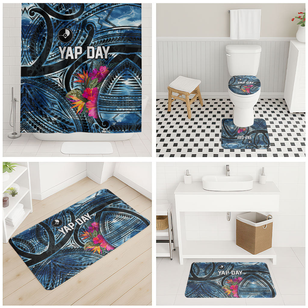 Yap Day Island Floral Tribal Heritage Bathroom Set Micronesian Hibiscus Pattern Polynesian Tattoo Blue Art