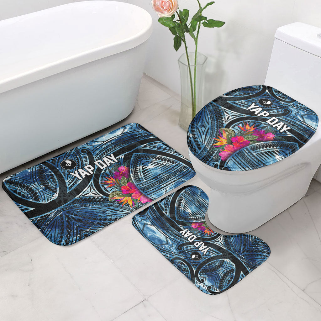 Yap Day Island Floral Tribal Heritage Bathroom Set Micronesian Hibiscus Pattern Polynesian Tattoo Blue Art