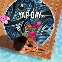 Yap Day Island Floral Tribal Heritage Beach Blanket Micronesian Hibiscus Pattern Polynesian Tattoo Blue Art