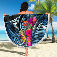 Yap Day Island Floral Tribal Heritage Beach Blanket Micronesian Hibiscus Pattern Polynesian Tattoo Blue Art