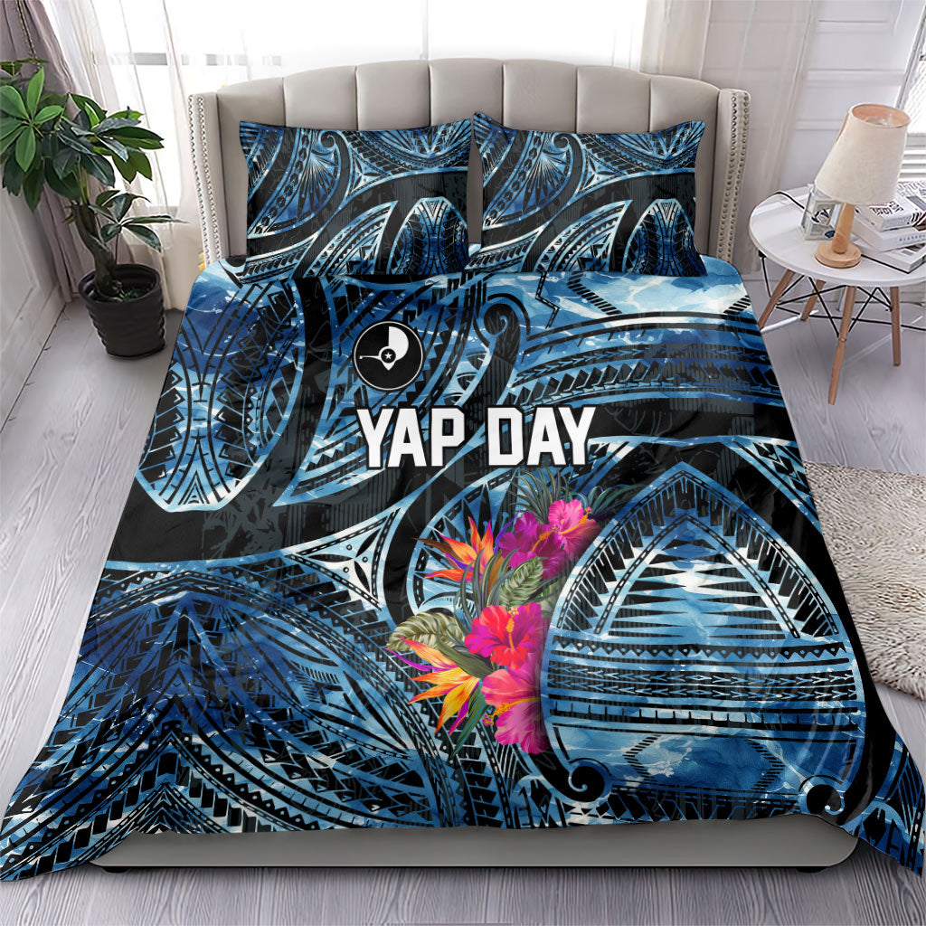 Yap Day Island Floral Tribal Heritage Bedding Set Micronesian Hibiscus Pattern Polynesian Tattoo Blue Art