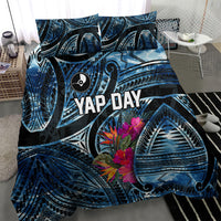 Yap Day Island Floral Tribal Heritage Bedding Set Micronesian Hibiscus Pattern Polynesian Tattoo Blue Art