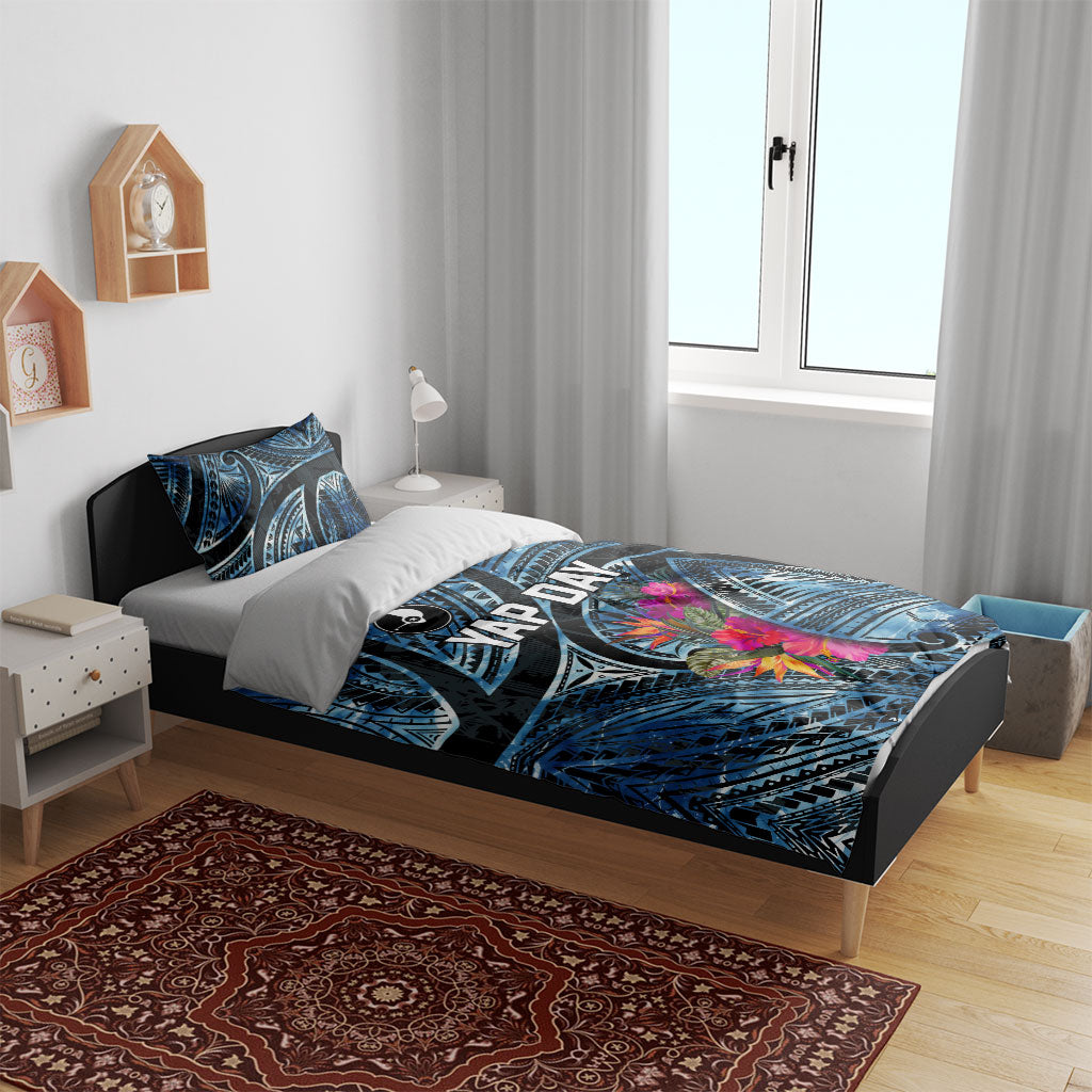 Yap Day Island Floral Tribal Heritage Bedding Set Micronesian Hibiscus Pattern Polynesian Tattoo Blue Art
