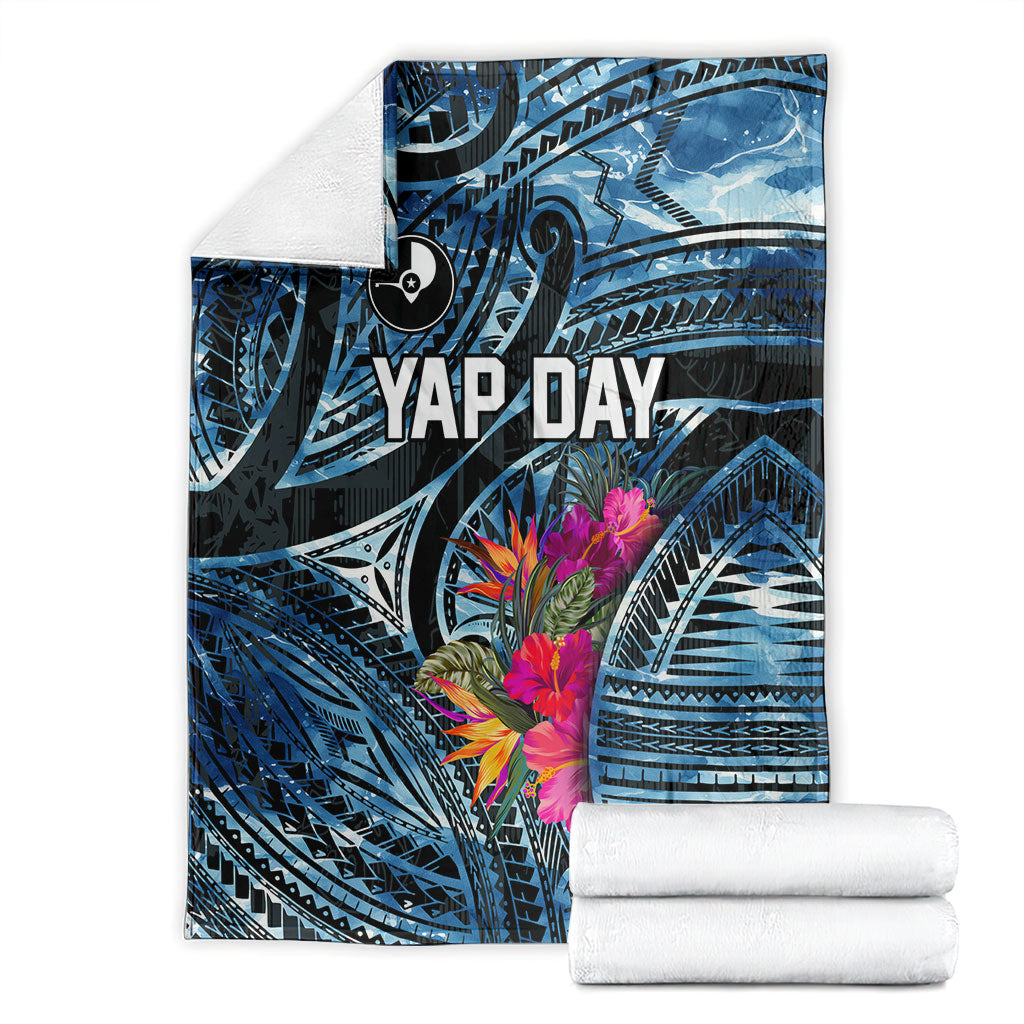 Yap Day Island Floral Tribal Heritage Blanket Micronesian Hibiscus Pattern Polynesian Tattoo Blue Art