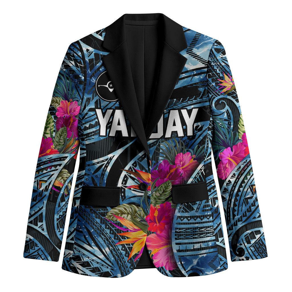Yap Day Island Floral Tribal Heritage Blazer Micronesian Hibiscus Pattern Polynesian Tattoo Blue Art