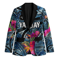 Yap Day Island Floral Tribal Heritage Blazer Micronesian Hibiscus Pattern Polynesian Tattoo Blue Art