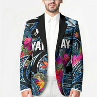 Yap Day Island Floral Tribal Heritage Blazer Micronesian Hibiscus Pattern Polynesian Tattoo Blue Art