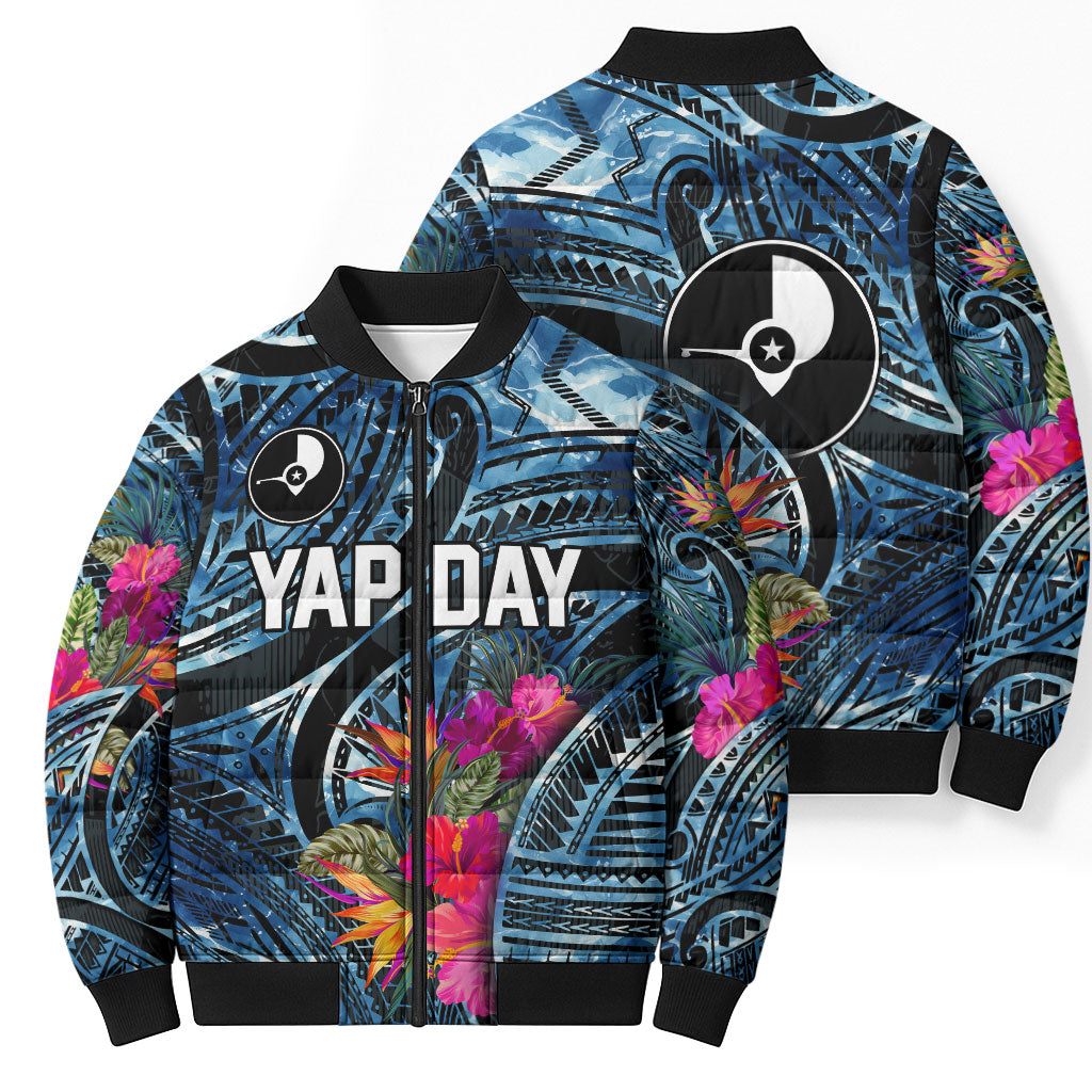 Yap Day Island Floral Tribal Heritage Bomber Puffer Jacket Micronesian Hibiscus Pattern Polynesian Tattoo Blue Art