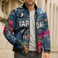 Yap Day Island Floral Tribal Heritage Bomber Puffer Jacket Micronesian Hibiscus Pattern Polynesian Tattoo Blue Art