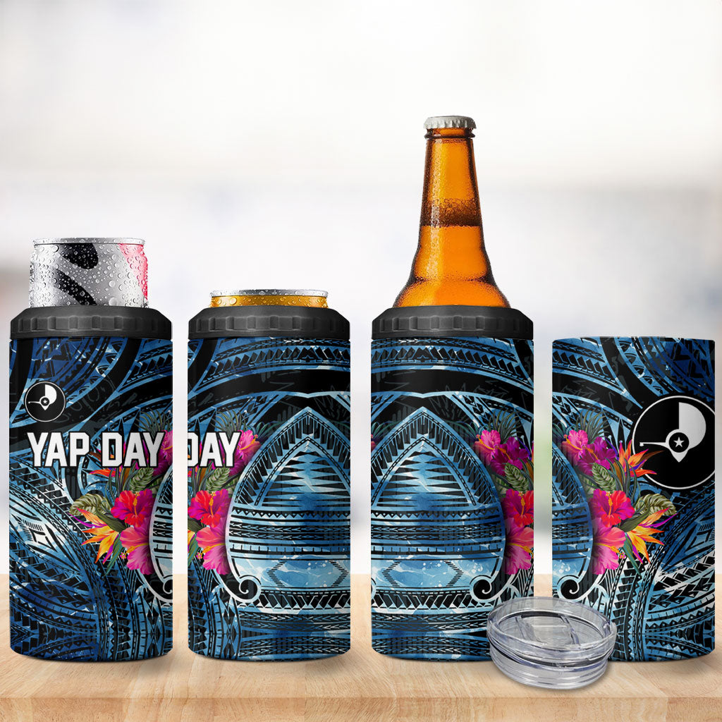 Yap Day Island Floral Tribal Heritage 4 in 1 Can Cooler Tumbler Micronesian Hibiscus Pattern Polynesian Tattoo Blue Art