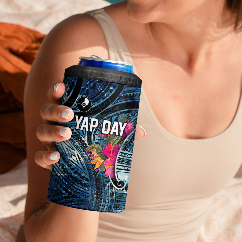 Yap Day Island Floral Tribal Heritage 4 in 1 Can Cooler Tumbler Micronesian Hibiscus Pattern Polynesian Tattoo Blue Art