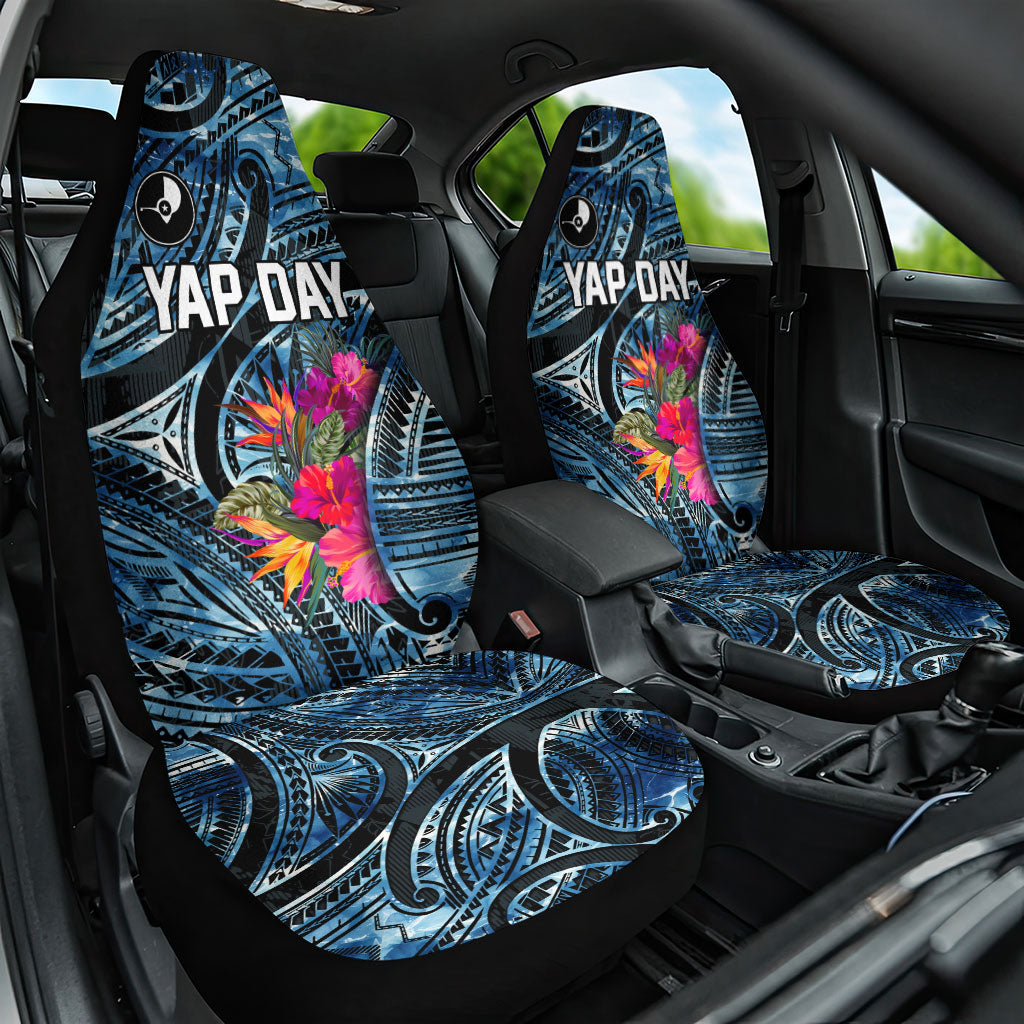 Yap Day Island Floral Tribal Heritage Car Seat Cover Micronesian Hibiscus Pattern Polynesian Tattoo Blue Art