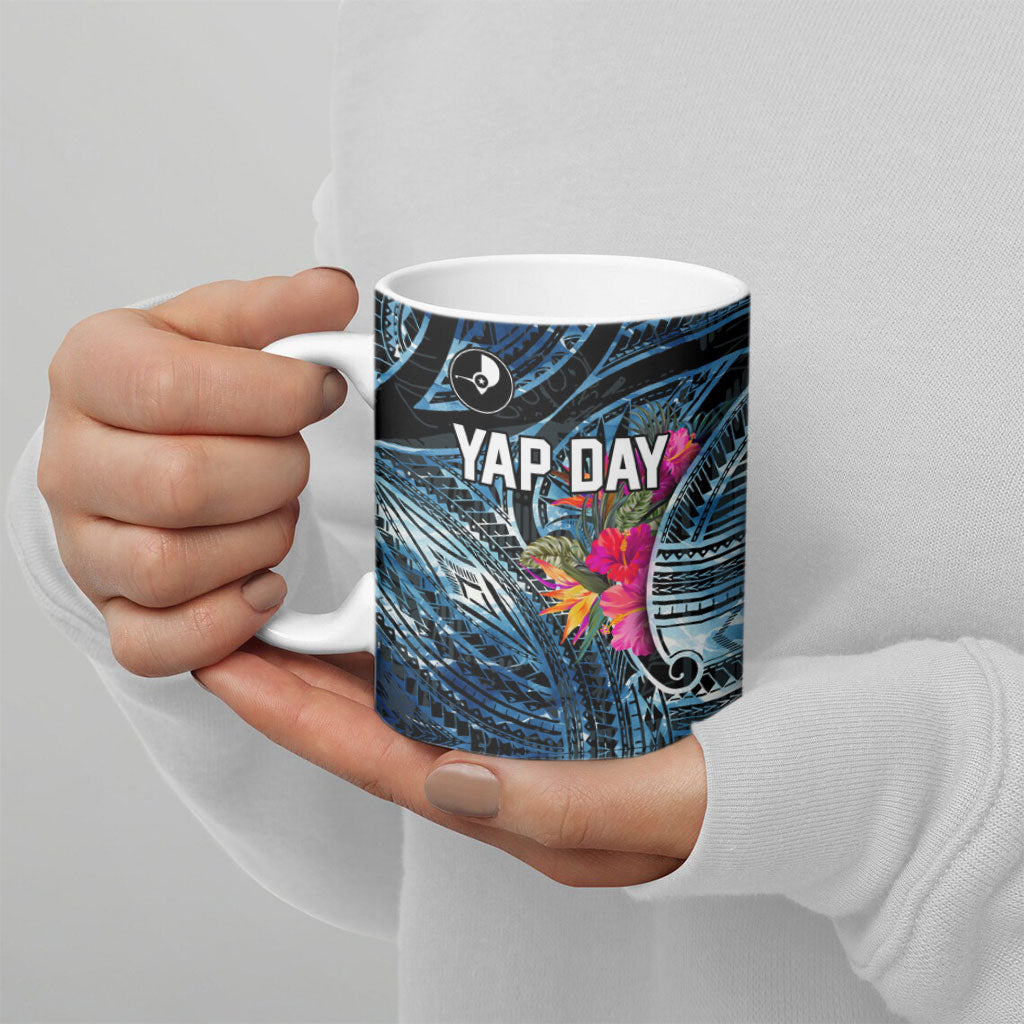 Yap Day Island Floral Tribal Heritage Ceramic Mug Micronesian Hibiscus Pattern Polynesian Tattoo Blue Art