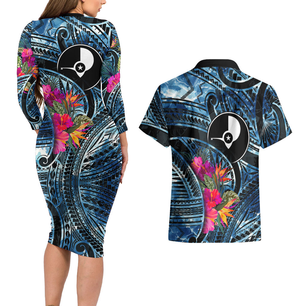 Yap Day Island Floral Tribal Heritage Couples Matching Long Sleeve Bodycon Dress and Hawaiian Shirt Micronesian Hibiscus Pattern Polynesian Tattoo Blue Art