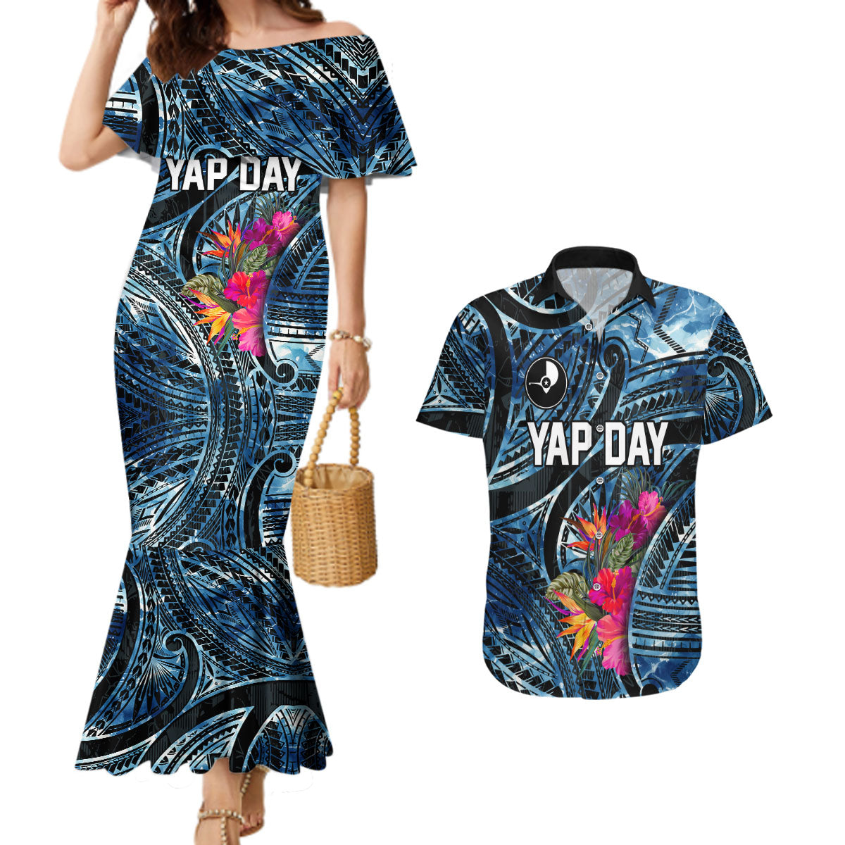 Yap Day Island Floral Tribal Heritage Couples Matching Mermaid Dress and Hawaiian Shirt Micronesian Hibiscus Pattern Polynesian Tattoo Blue Art