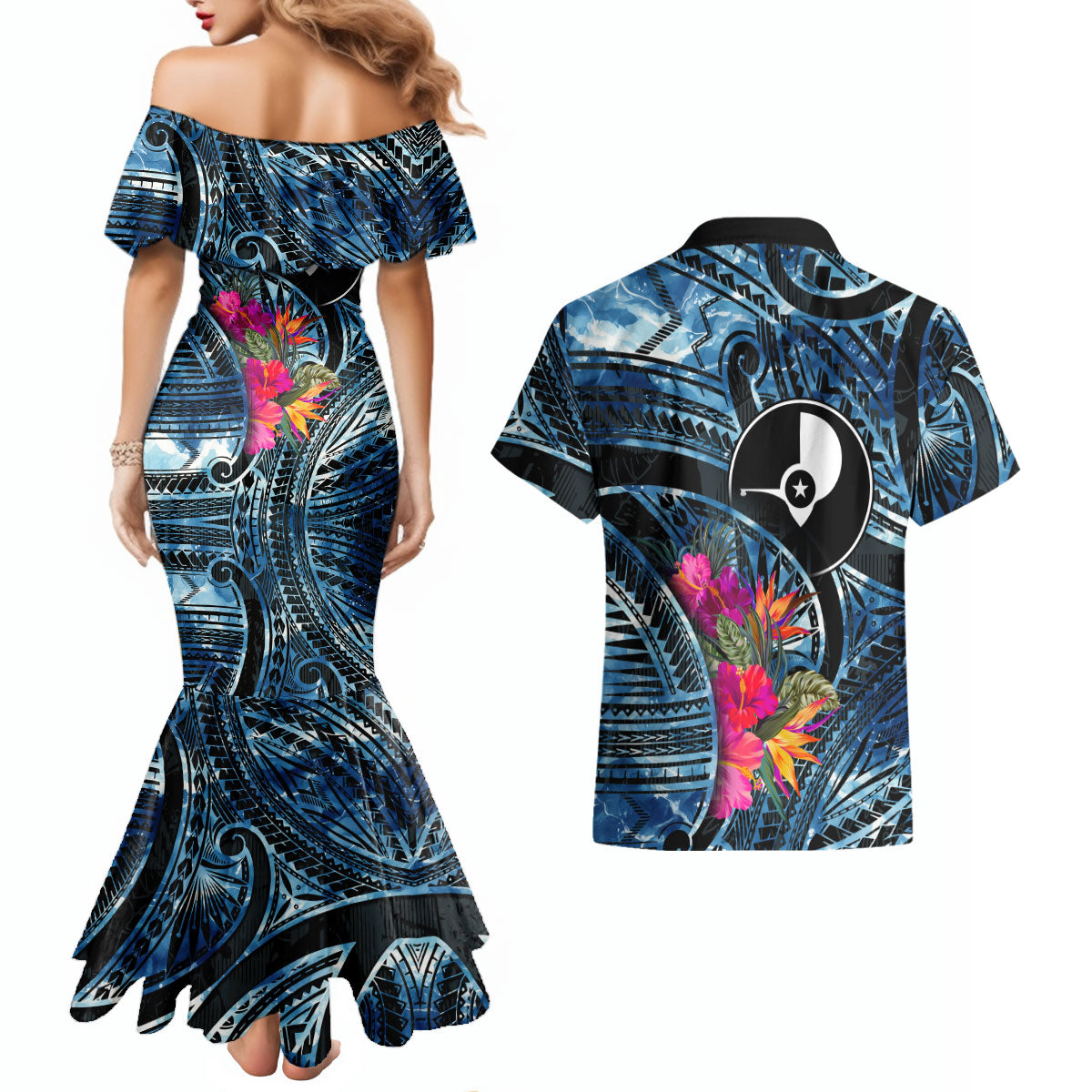 Yap Day Island Floral Tribal Heritage Couples Matching Mermaid Dress and Hawaiian Shirt Micronesian Hibiscus Pattern Polynesian Tattoo Blue Art