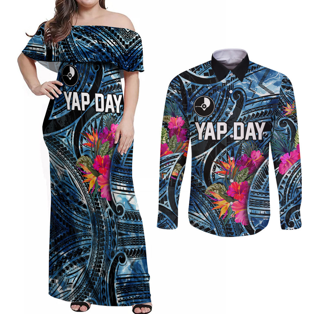 Yap Day Island Floral Tribal Heritage Couples Matching Off Shoulder Maxi Dress and Long Sleeve Button Shirt Micronesian Hibiscus Pattern Polynesian Tattoo Blue Art