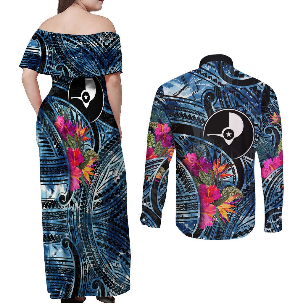 Yap Day Island Floral Tribal Heritage Couples Matching Off Shoulder Maxi Dress and Long Sleeve Button Shirt Micronesian Hibiscus Pattern Polynesian Tattoo Blue Art