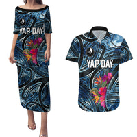 Yap Day Island Floral Tribal Heritage Couples Matching Puletasi and Hawaiian Shirt Micronesian Hibiscus Pattern Polynesian Tattoo Blue Art