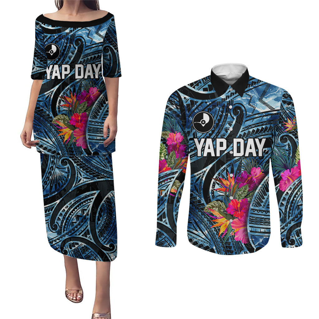 Yap Day Island Floral Tribal Heritage Couples Matching Puletasi and Long Sleeve Button Shirt Micronesian Hibiscus Pattern Polynesian Tattoo Blue Art