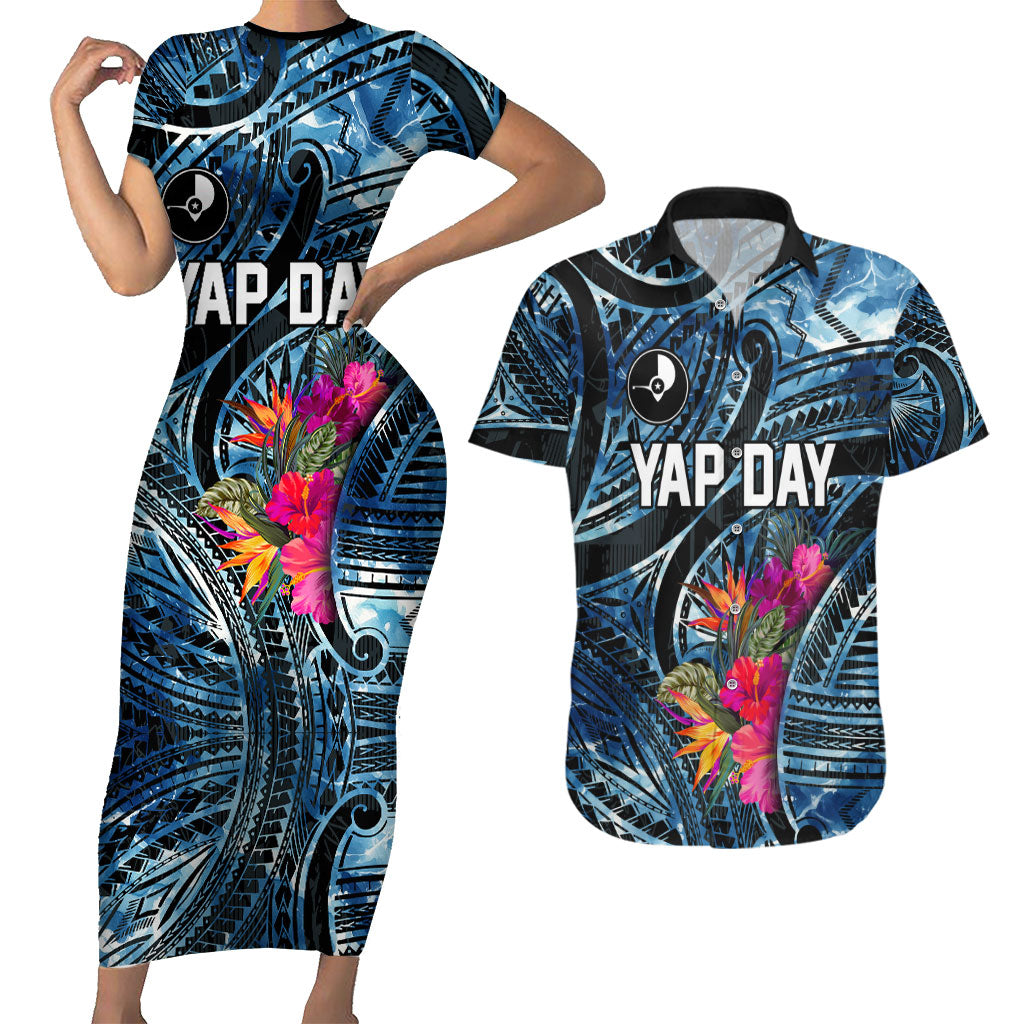 Yap Day Island Floral Tribal Heritage Couples Matching Short Sleeve Bodycon Dress and Hawaiian Shirt Micronesian Hibiscus Pattern Polynesian Tattoo Blue Art