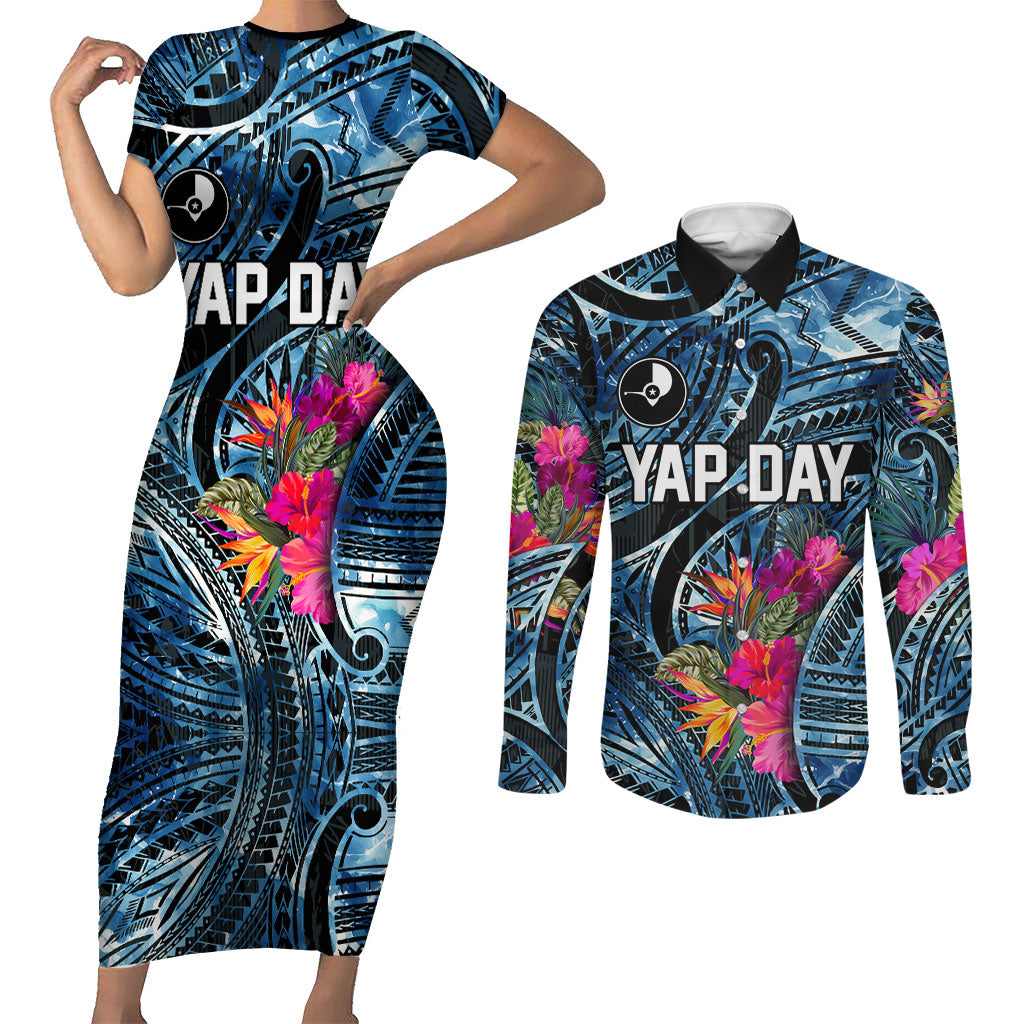 Yap Day Island Floral Tribal Heritage Couples Matching Short Sleeve Bodycon Dress and Long Sleeve Button Shirt Micronesian Hibiscus Pattern Polynesian Tattoo Blue Art