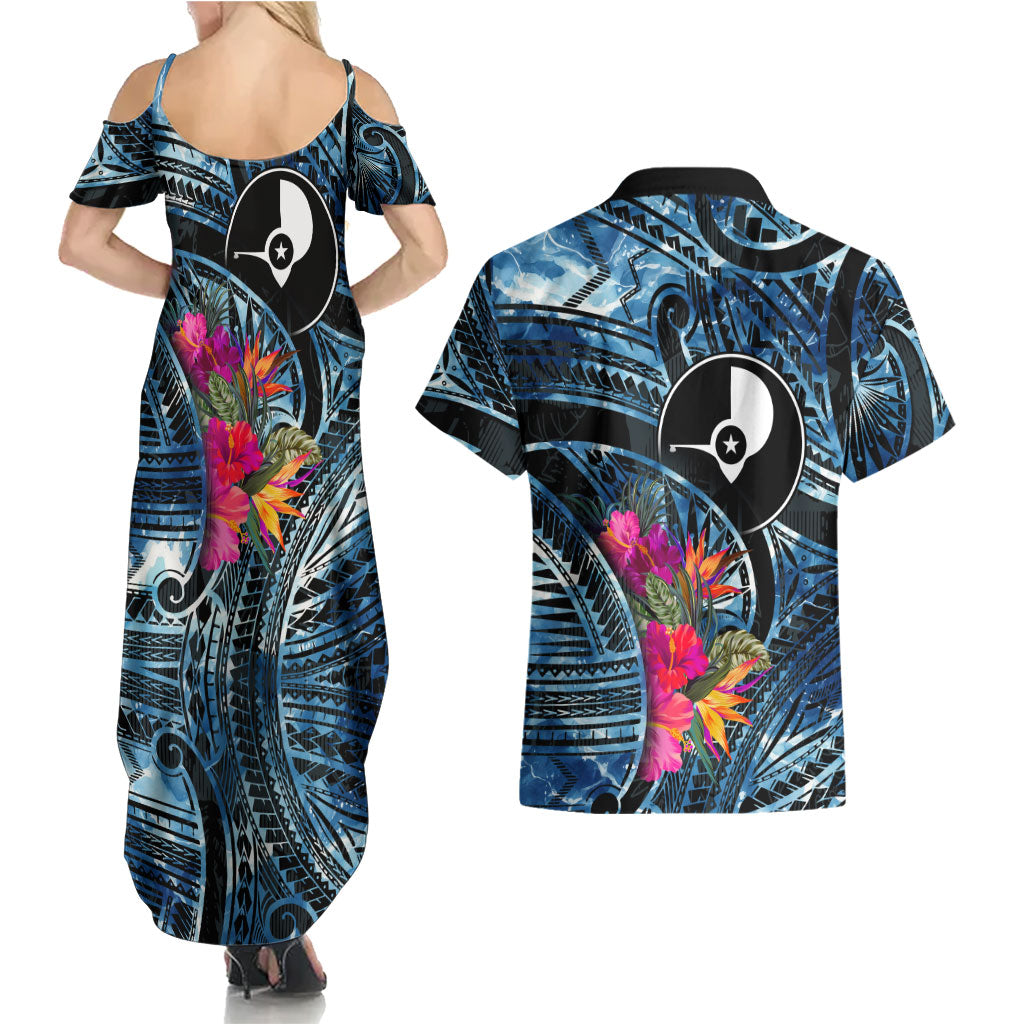 Yap Day Island Floral Tribal Heritage Couples Matching Summer Maxi Dress and Hawaiian Shirt Micronesian Hibiscus Pattern Polynesian Tattoo Blue Art