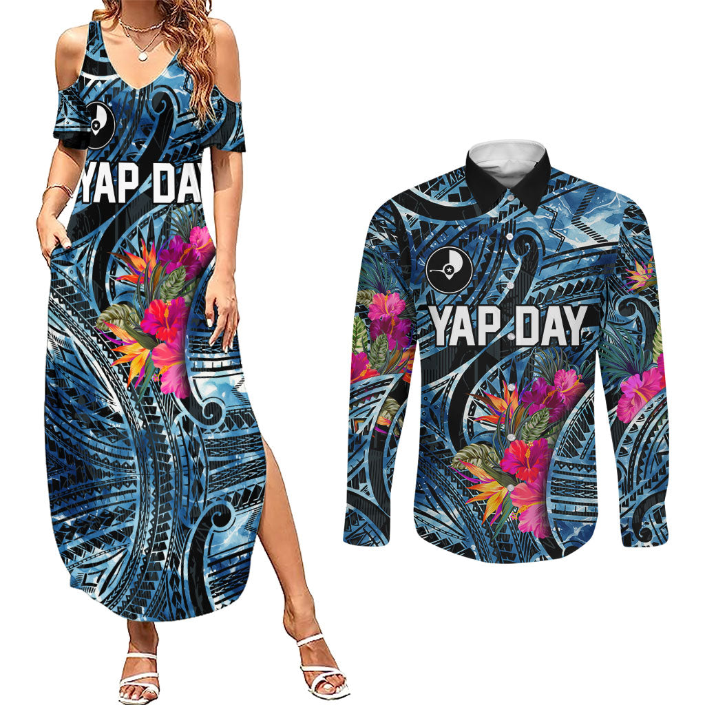 Yap Day Island Floral Tribal Heritage Couples Matching Summer Maxi Dress and Long Sleeve Button Shirt Micronesian Hibiscus Pattern Polynesian Tattoo Blue Art