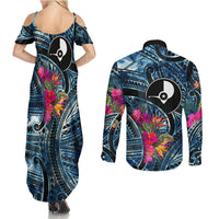 Yap Day Island Floral Tribal Heritage Couples Matching Summer Maxi Dress and Long Sleeve Button Shirt Micronesian Hibiscus Pattern Polynesian Tattoo Blue Art