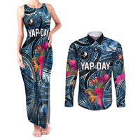 Yap Day Island Floral Tribal Heritage Couples Matching Tank Maxi Dress and Long Sleeve Button Shirt Micronesian Hibiscus Pattern Polynesian Tattoo Blue Art