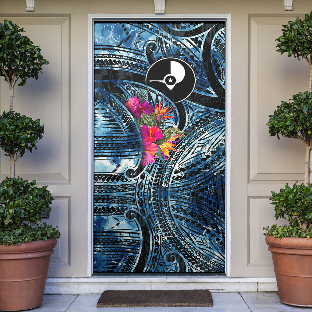 Yap Day Island Floral Tribal Heritage Door Cover Micronesian Hibiscus Pattern Polynesian Tattoo Blue Art