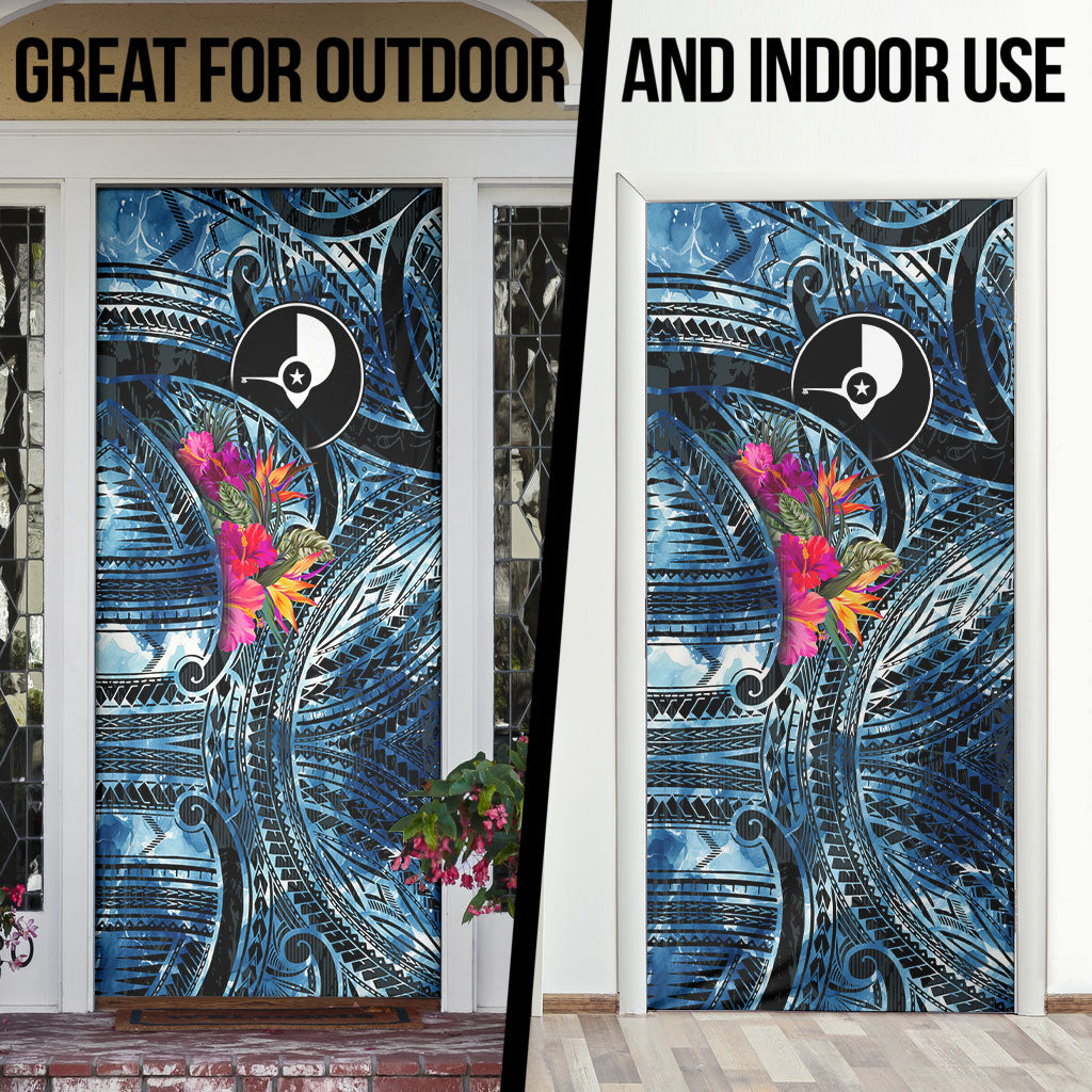 Yap Day Island Floral Tribal Heritage Door Cover Micronesian Hibiscus Pattern Polynesian Tattoo Blue Art