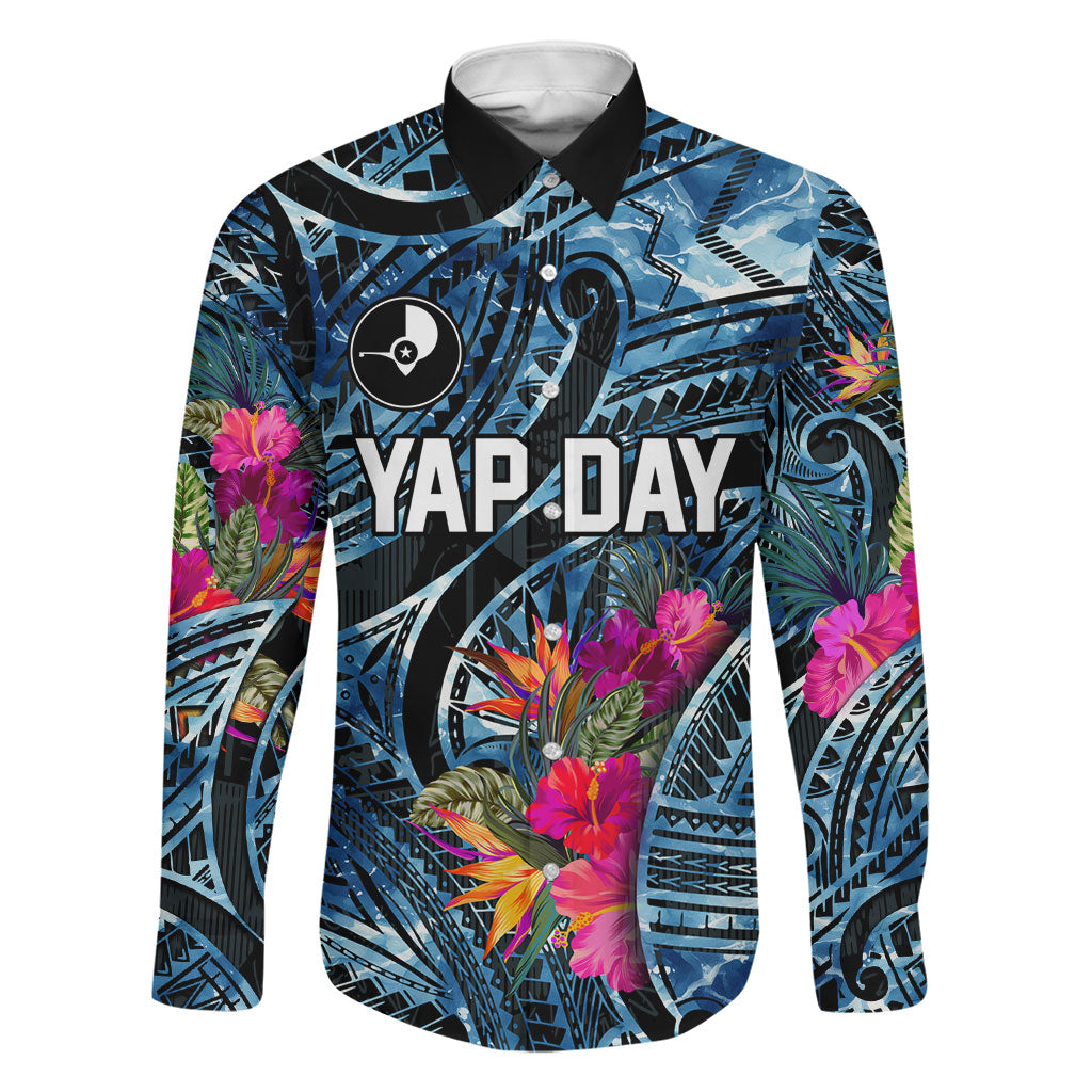 Yap Day Island Floral Tribal Heritage Family Matching Long Sleeve Bodycon Dress and Hawaiian Shirt Micronesian Hibiscus Pattern Polynesian Tattoo Blue Art