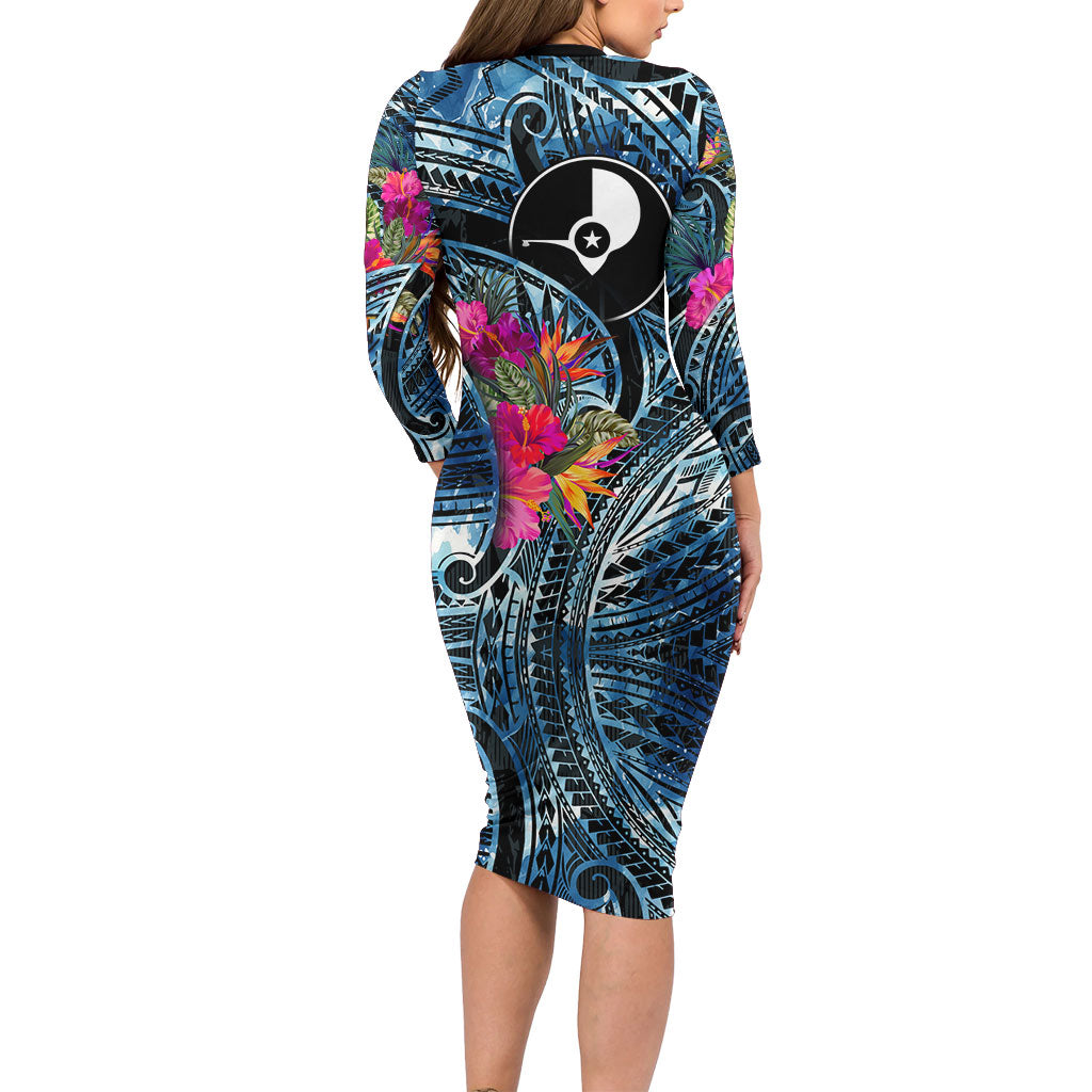 Yap Day Island Floral Tribal Heritage Family Matching Long Sleeve Bodycon Dress and Hawaiian Shirt Micronesian Hibiscus Pattern Polynesian Tattoo Blue Art