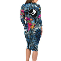 Yap Day Island Floral Tribal Heritage Family Matching Long Sleeve Bodycon Dress and Hawaiian Shirt Micronesian Hibiscus Pattern Polynesian Tattoo Blue Art