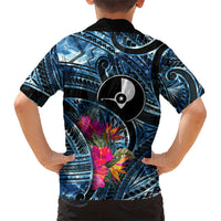 Yap Day Island Floral Tribal Heritage Family Matching Mermaid Dress and Hawaiian Shirt Micronesian Hibiscus Pattern Polynesian Tattoo Blue Art