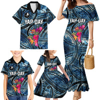 Yap Day Island Floral Tribal Heritage Family Matching Mermaid Dress and Hawaiian Shirt Micronesian Hibiscus Pattern Polynesian Tattoo Blue Art
