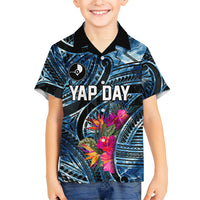 Yap Day Island Floral Tribal Heritage Family Matching Mermaid Dress and Hawaiian Shirt Micronesian Hibiscus Pattern Polynesian Tattoo Blue Art