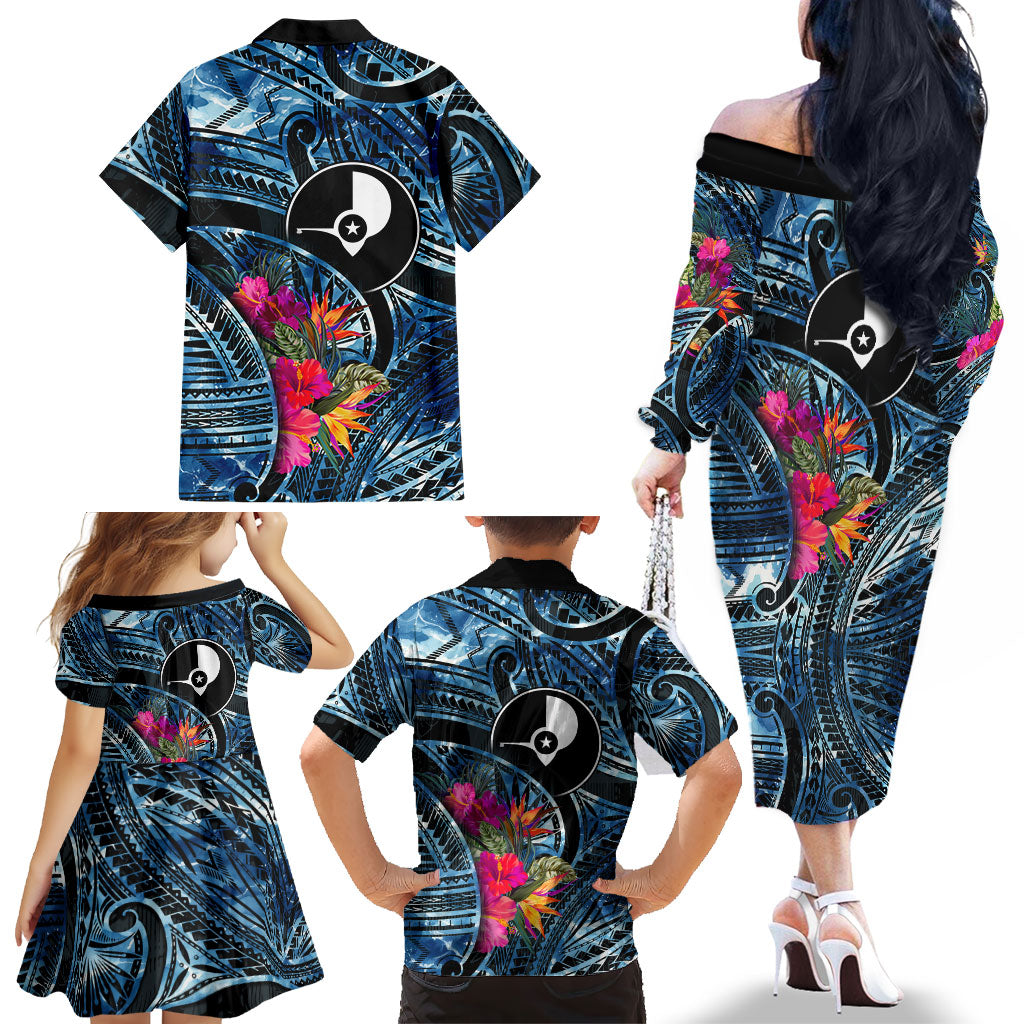 Yap Day Island Floral Tribal Heritage Family Matching Off The Shoulder Long Sleeve Dress and Hawaiian Shirt Micronesian Hibiscus Pattern Polynesian Tattoo Blue Art