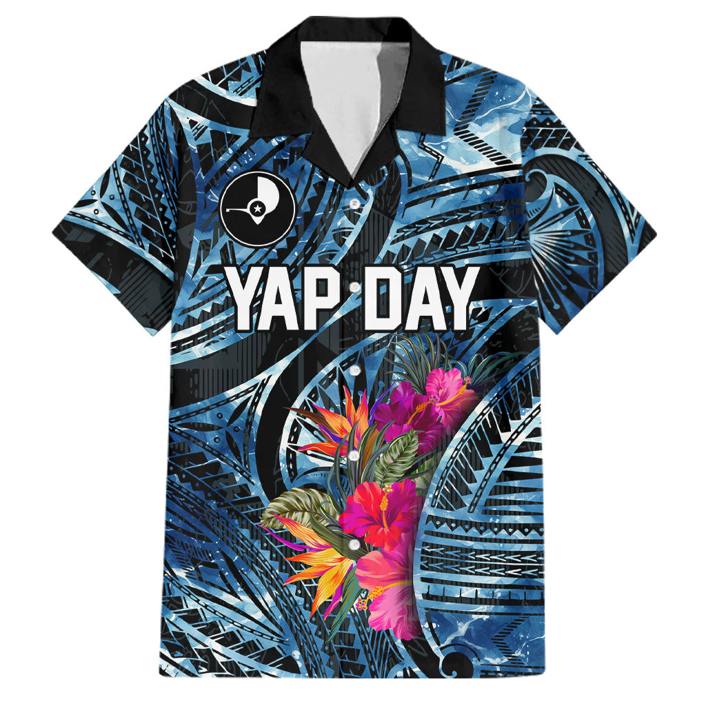 Yap Day Island Floral Tribal Heritage Family Matching Off The Shoulder Long Sleeve Dress and Hawaiian Shirt Micronesian Hibiscus Pattern Polynesian Tattoo Blue Art