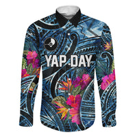 Yap Day Island Floral Tribal Heritage Family Matching Off The Shoulder Long Sleeve Dress and Hawaiian Shirt Micronesian Hibiscus Pattern Polynesian Tattoo Blue Art