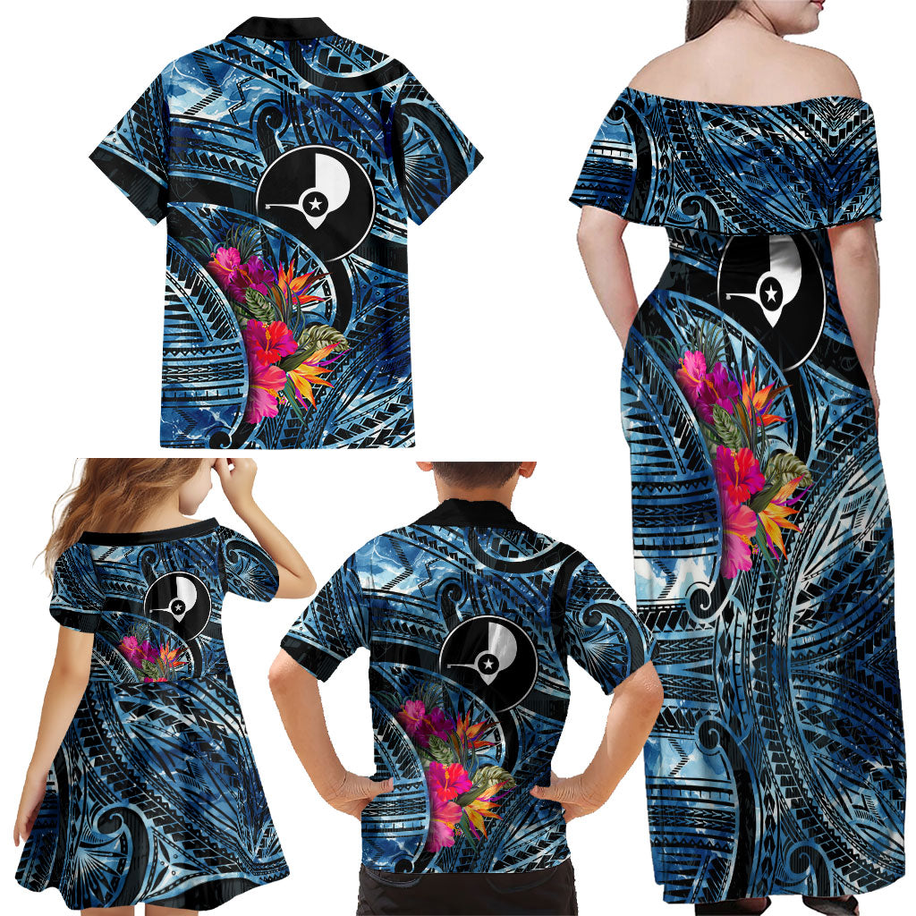 Yap Day Island Floral Tribal Heritage Family Matching Off Shoulder Maxi Dress and Hawaiian Shirt Micronesian Hibiscus Pattern Polynesian Tattoo Blue Art