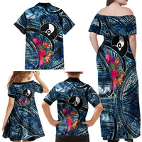 Yap Day Island Floral Tribal Heritage Family Matching Off Shoulder Maxi Dress and Hawaiian Shirt Micronesian Hibiscus Pattern Polynesian Tattoo Blue Art