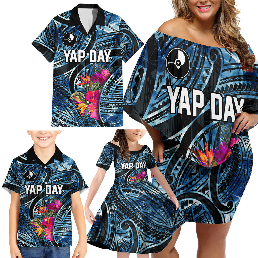 Yap Day Island Floral Tribal Heritage Family Matching Off Shoulder Short Dress and Hawaiian Shirt Micronesian Hibiscus Pattern Polynesian Tattoo Blue Art