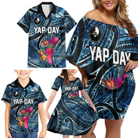 Yap Day Island Floral Tribal Heritage Family Matching Off Shoulder Short Dress and Hawaiian Shirt Micronesian Hibiscus Pattern Polynesian Tattoo Blue Art